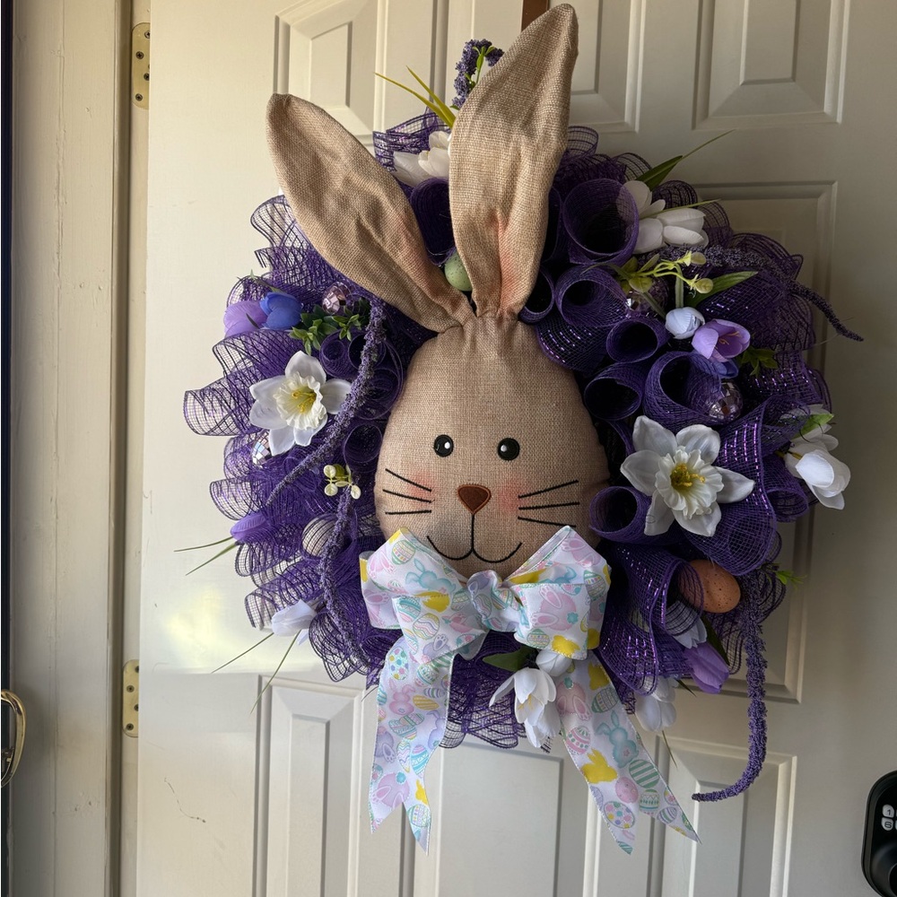 Easter Bunny Wreath with Purple Mesh and Floral Accents